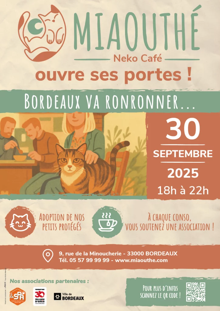 Affiche d'ouverture de Miaouthé à Bordeaux le 30 septembre 2025, avec adoptions, boissons solidaires et ambiance féline conviviale